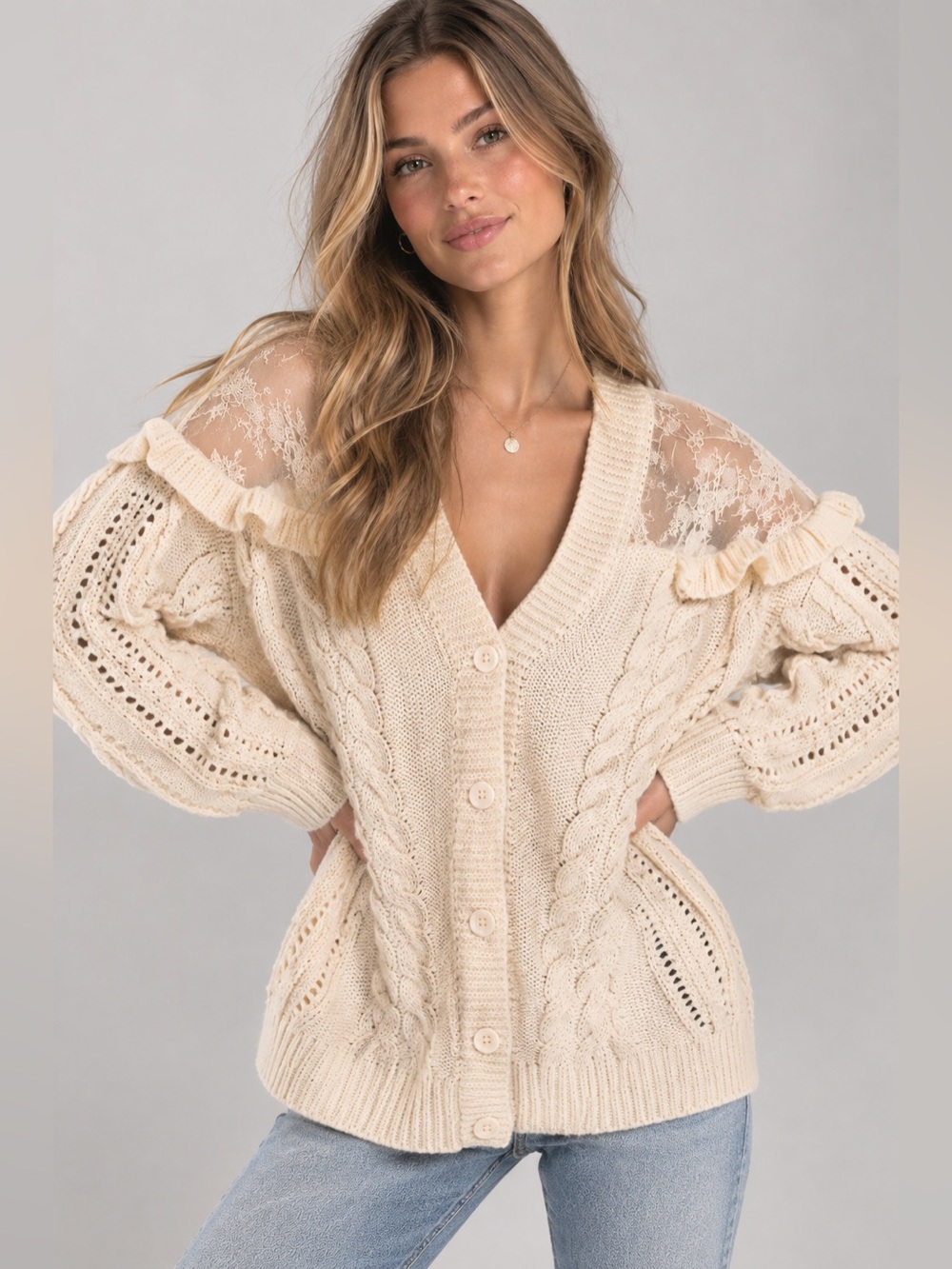 Cable Knit Lace-Shoulders Longsleeve Button Down V-Neck Cardigan Oversized